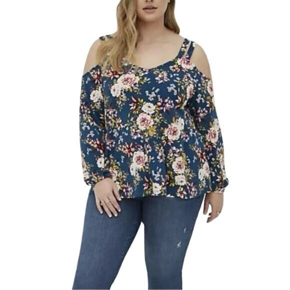 Torrid Floral Cold Shoulder Blouse - Blue and White plus size 4